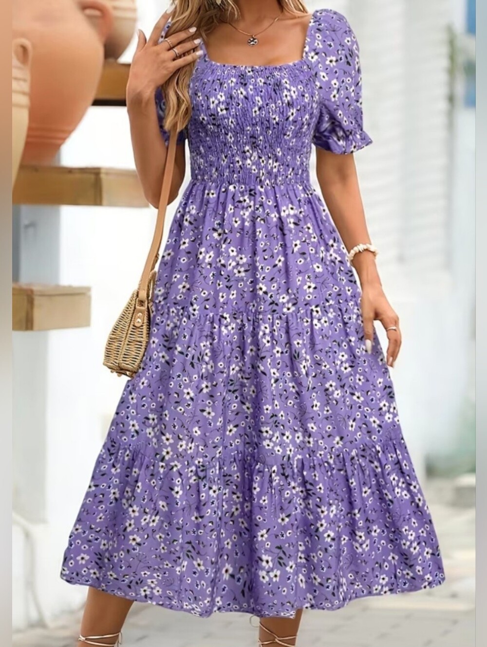 Purple Floral Smocked Cottagecore Dress